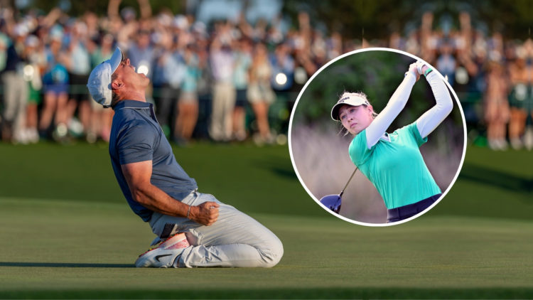 Masters champion Rory McIlroy of Northern Ireland celebrates after winning the Masters in a sudden death playoff on the No. 18 green with an inset ...