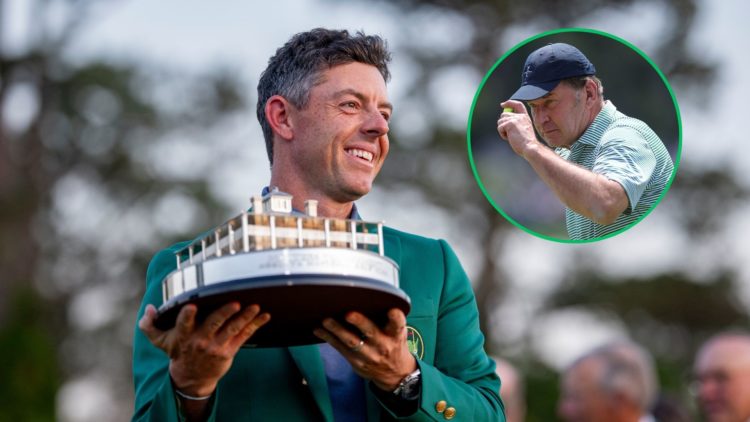 Masters champion Rory McIlroy with the Masters trophy during the Green Jacket Presentation Ceremony after winning the Masters at Augusta National G...