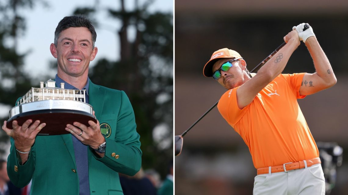 Split image of Rory McIlroy posing with the Masters trophy during the Green Jacket Ceremony after winning the 2025 Masters Tournament at Augusta Na...