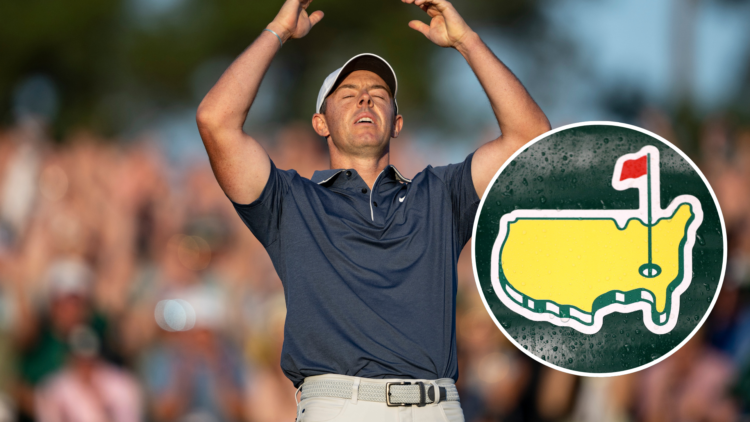 Rory McIlroy on the final day of The Masters 2025. Inset, The Masters logo.