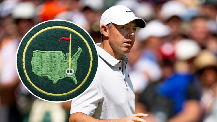 Rory McIlroy at Augusta National on day three of The Masters. Inset, The Masters logo from the famous green jacket.
