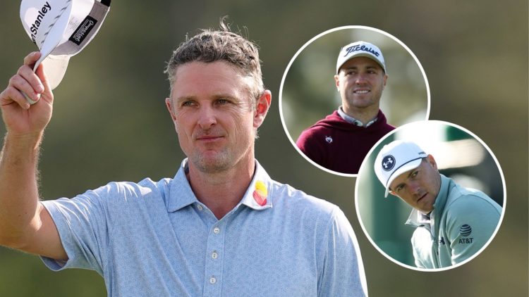 An image of Justin Rose with an inset of Justin Thomas and another inset of Jordan Spieth at the 2025 Masters