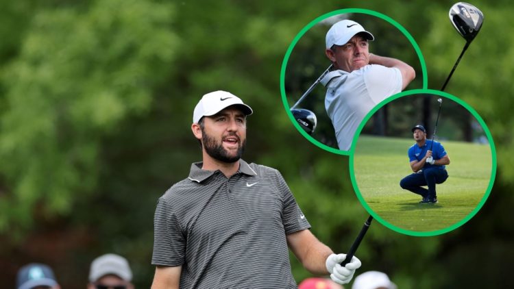 Main image of Scottie Scheffler following his shot from the fifth tee during the third round of the 2025 Masters Tournament at Augusta National Gol...
