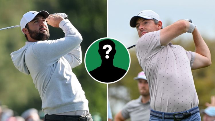 Scottie Scheffler of the United States plays a shot on the 12th hole, and Rory McIlroy watches his tee shot on 1 during the second round. Inset, my...