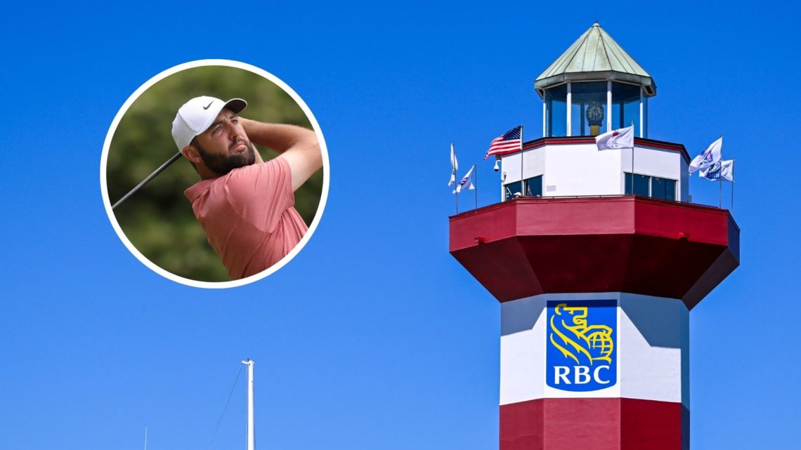 Main image of The Harbour Town Lighthouse prior to RBC Heritage at Harbour Town Golf Links. Inset - Scottie Scheffler playing his shot from the six...