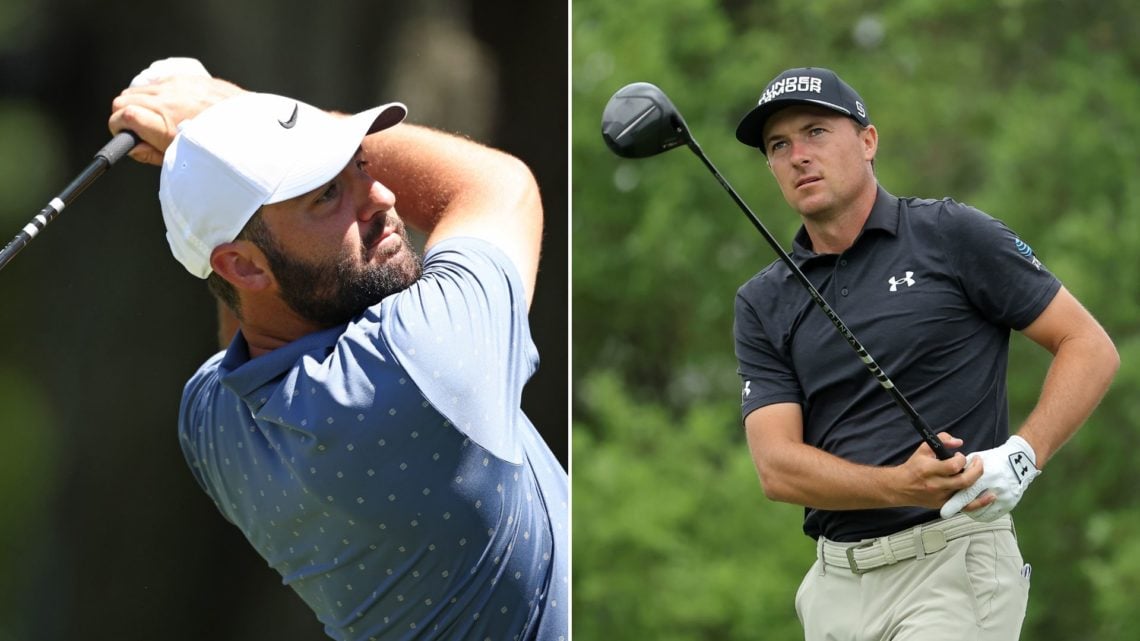 Split image of Scottie Scheffler playing his shot from the third tee during the third round of the RBC Heritage 2025 at Harbour Town Golf Links, le...