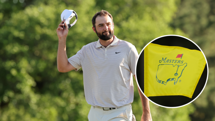 Scottie Scheffler on the final day at The Masters 2025. Inset, The Masters flag.