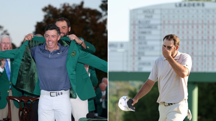 Split image of Rory McIlroy wearing the green jacket after winning The Masters, left, and Scottie Scheffler looking dejected on the 18th green at A...