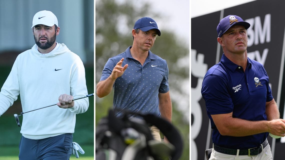 Split image of Scottie Scheffler of the United States walks onto the Tournament Practice Area ahead of a practice round prior to the 2025 Masters T...