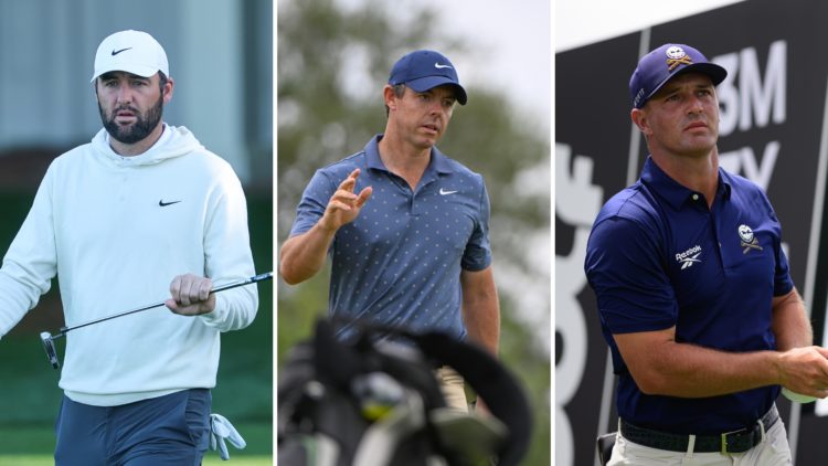 Split image of Scottie Scheffler of the United States walks onto the Tournament Practice Area ahead of a practice round prior to the 2025 Masters T...