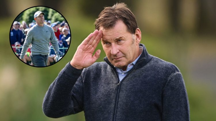 Sir Nick Faldo gestures during the trophy presentation ceremony during Day Four of the Betfred British Masters hosted by Sir Nick Faldo at The Belf...