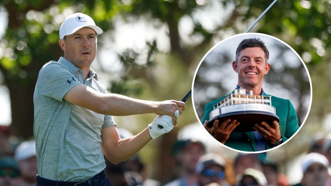 Jordan Spieth of the United States plays his shot from the fourth tee during the third round of the 2025 Masters Tournament. Inset, Rory McIlroy ho...