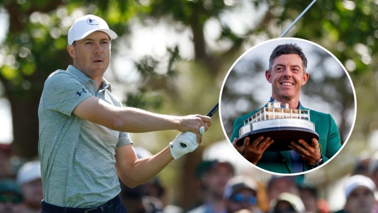 Jordan Spieth of the United States plays his shot from the fourth tee during the third round of the 2025 Masters Tournament. Inset, Rory McIlroy ho...