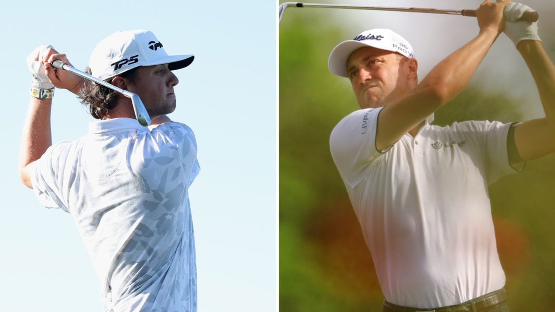 Split image of Justin Thomas and Grant Horvat, both playing shots.