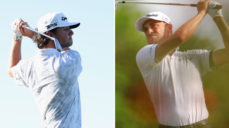 Split image of Justin Thomas and Grant Horvat, both playing shots.