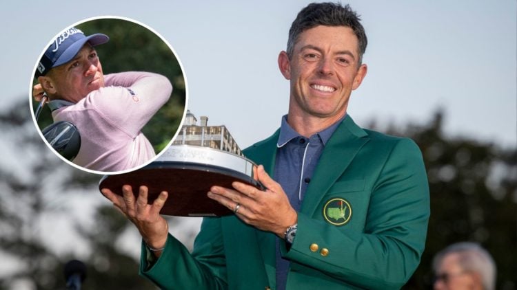 An image of Rory McIlroy holding the Masters trophy with an inset of Justin Thomas at the 2025 Masters