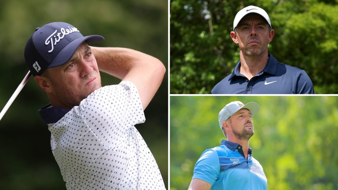 Three-way split image of Justin Thomas playing his shot from the sixth tee during the second round of the RBC Heritage 2025 at Harbour Town Golf Li...