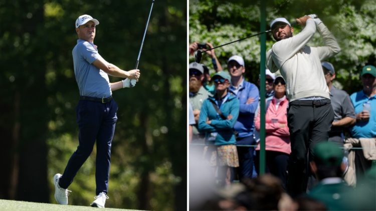Split image of Justin Thomas and Scottie Scheffler, both in their Masters practice rounds.