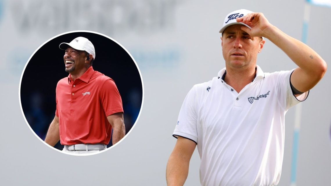 Image of Justin Thomas with an inset of Tiger Woods