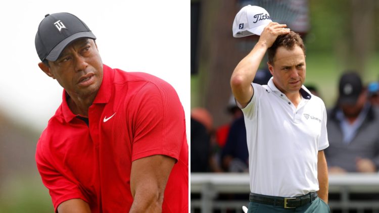 Split image of Tiger Woods during the final round of the PNC Championship at The Ritz-Carlton Golf Club in Orlando, Florida, left, and Justin Thoma...