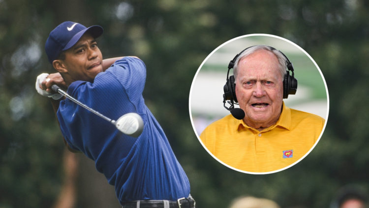 Tiger Woods during the second round of the 1997 Masters Tournament with an inset of Jack Nicklaus talks during the NBC Sports broadcast during the ...