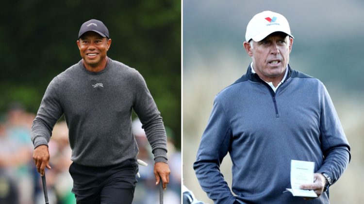 Split image - Tiger Woods reacts on the eighth hole during a practice round prior to the 2024 Masters Tournament at Augusta National Golf Club, lef...