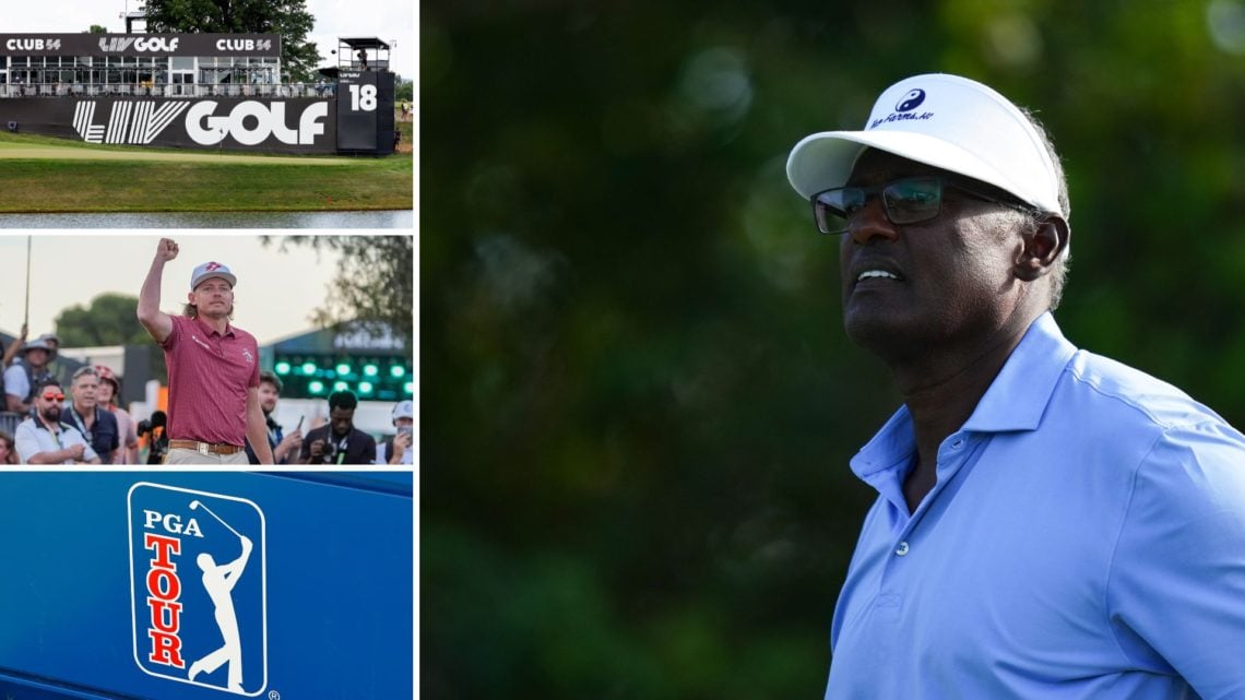 Four-way split image of Vijay Singh during the first round of the James Hardie Pro-Football Hall of Fame Invitational 2025 at The Old Course at Bro...