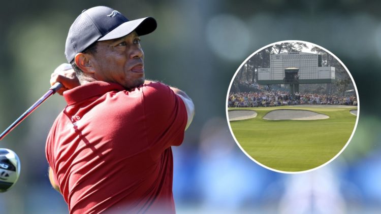 Tiger Woods of the United States tees off on the third hole during the final round of the 2024 Masters Tournament. Inset, the 7th Hole at Augusta N...