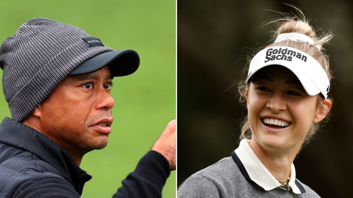 Split image of Tiger Woods on the practice area during the third round of the 2023 Masters Tournament at Augusta National Golf Club, left, and Nell...