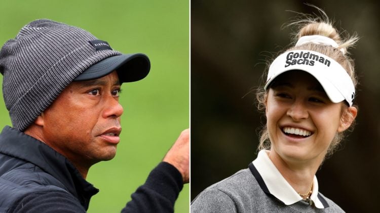 Split image of Tiger Woods on the practice area during the third round of the 2023 Masters Tournament at Augusta National Golf Club, left, and Nell...