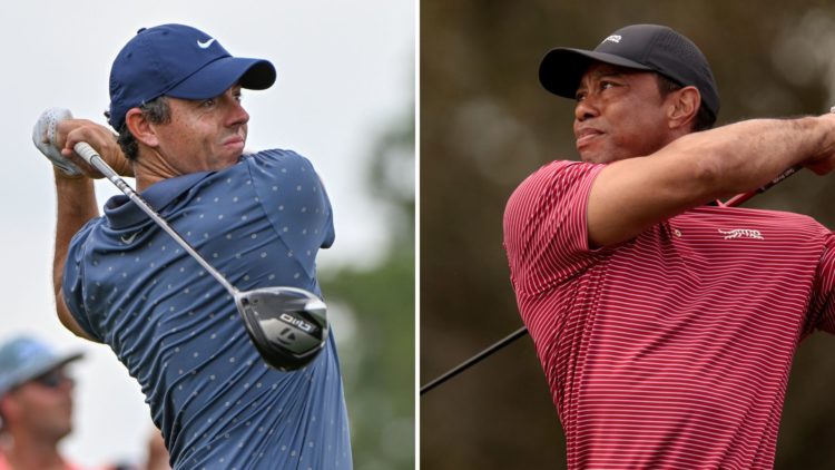 Tiger Woods of the United States plays his shot from the 16th tee during the second round of the PNC Championship, and Rory McIlroy watches his tee...