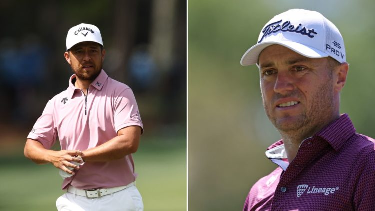 Split image of Xander Schauffele walking the fifth fairway during the second round of the RBC Heritage 2025 at Harbour Town Golf Links, left, and J...