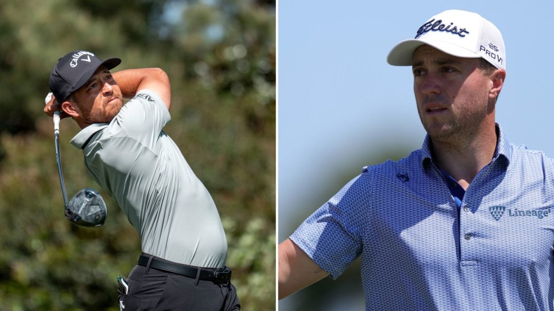 Split image of Xander Schauffele on No. 11 tee during the first round of the Masters at Augusta National Golf Club, left, and Justin Thomas on the ...