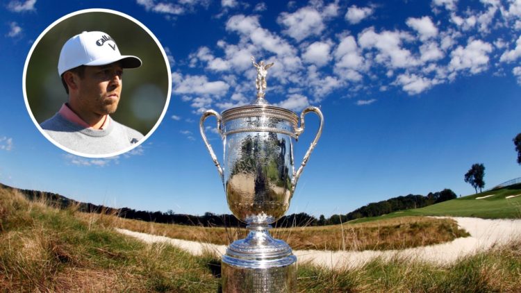 Main image of the The US Open Championship Trophy nestled in between the Church Pew bunkers at Oakmont Country Club. Inset of Xander Schauffele wal...