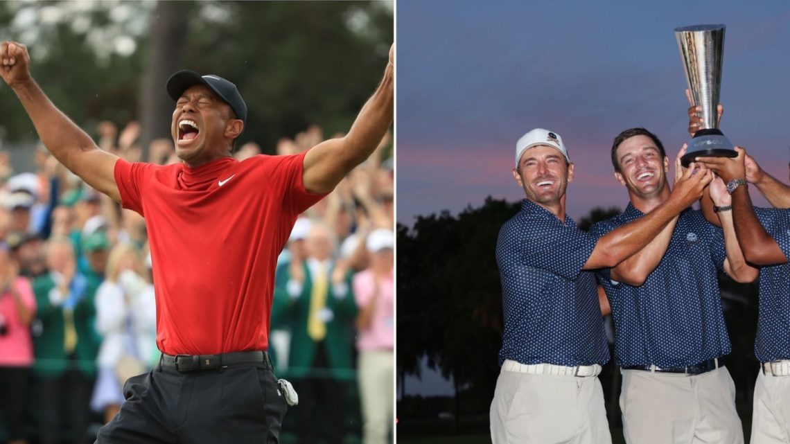 Split image of Tiger Woods celebrating winning The Masters in 2019, left, and Charles Howell III after winning the LIV team championship at Trump N...