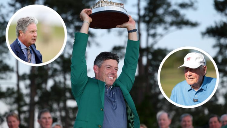 Rory McIlroy lifting the 2025 Masters trophy, inset of Brandel Chamblee in 2025 and inset of Jack Nicklaus in 2025