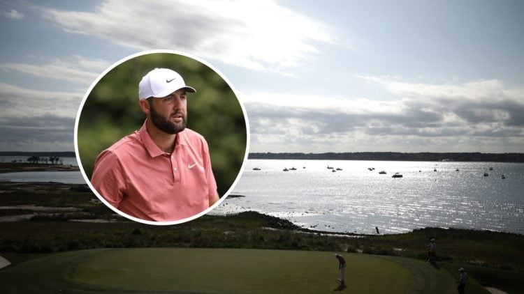 Scottie Scheffler playing in round two of the RBC Heritage at Harbour Town Links with inset of Scottie Scheffler at the RBC Heritage 2025