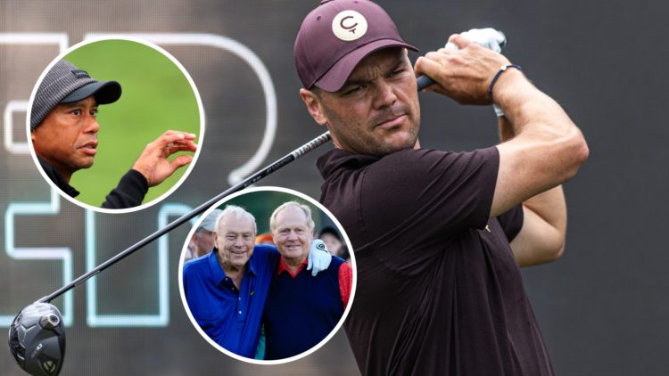 Martin Kaymer hitting a golf shot at LIV Golf Miami 2025, inset of Tiger Woods in 2023, inset of Arnold Palmer and Jack Nicklaus in 15