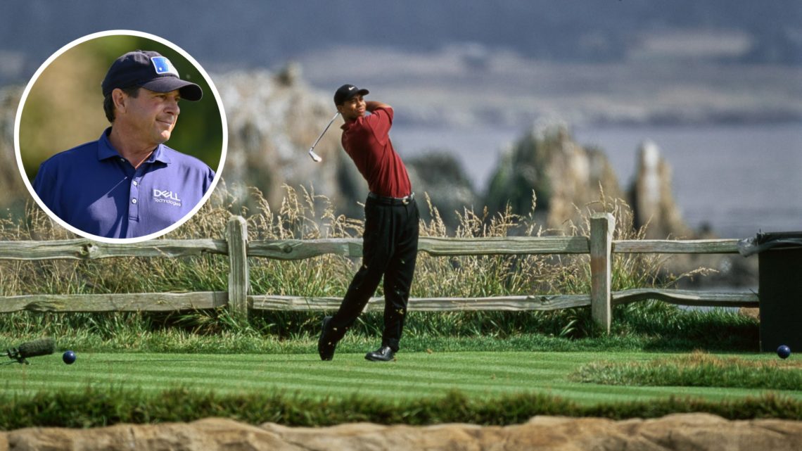 Tiger Woods hits his tee shot at Sanford in 2000, inset of Billy Sanford in 2025