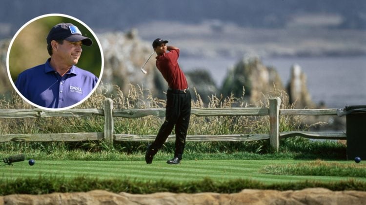 Tiger Woods hits his tee shot at Sanford in 2000, inset of Billy Sanford in 2025