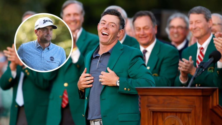 Rory McIlroy puts on the green jacket after winning the 2025 Masters, inset of Keegan Bradley playing golf in 2025