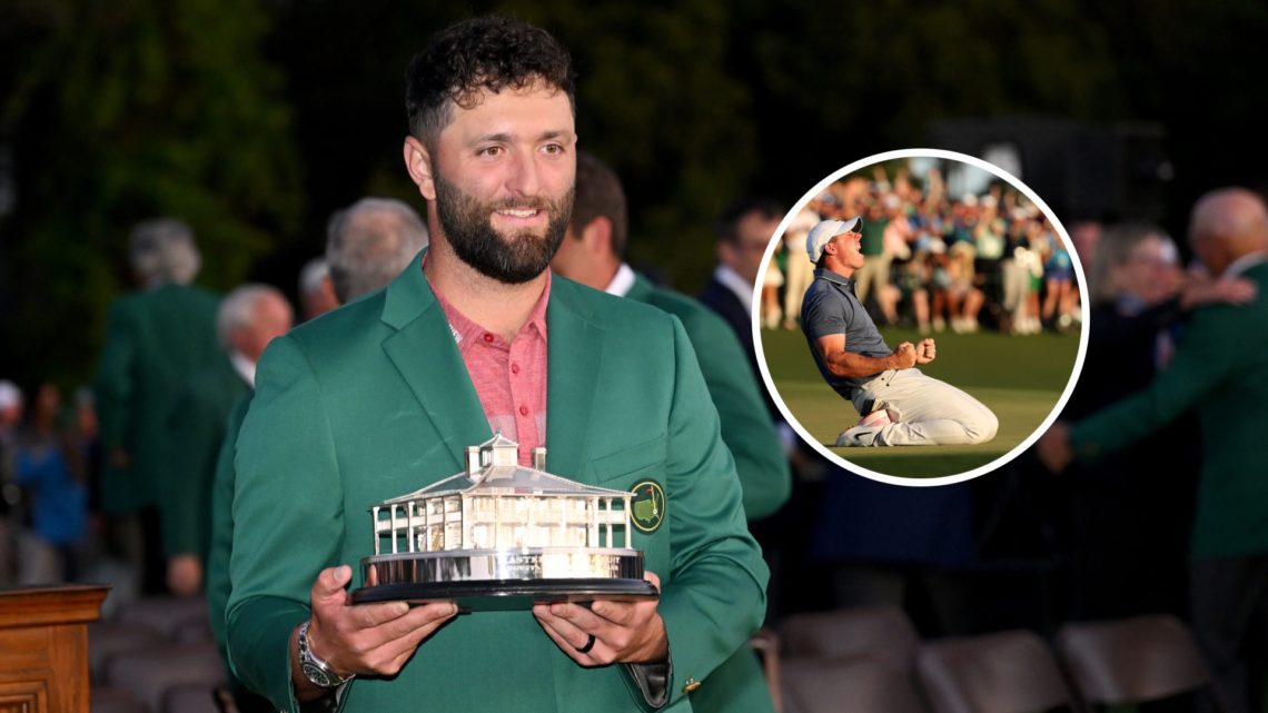 Jon Rahm holding The Masters trophy with inset of Rory McIlroy celebrating