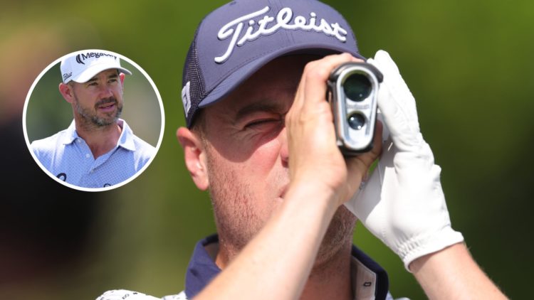 Justin Thomas uses a range finder at the RBC Heritage 2025, inset of Brian Harman in 2025