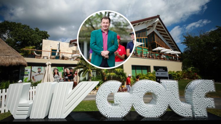 A picture of the LIV Golf logo, inset of Sir Nick Faldo at the 2025 Masters