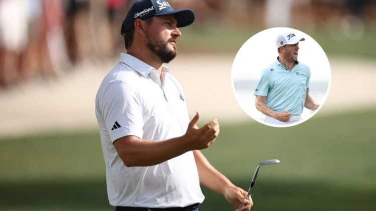 Andrew Novak reacts to missing his putt at the RBC Heritage 2025, inset of Justin Thomas celebrating his winning putt at the RBC Heritage 2025