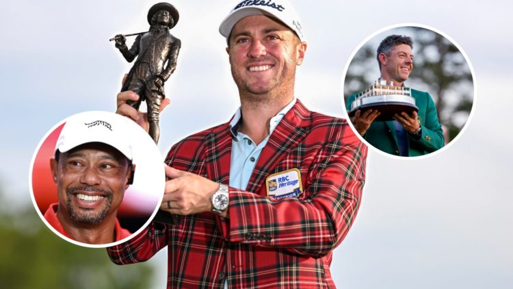 Justin Thomas holds the RBC Heritage Trophy after winning in 2025, inset of Tiger Woods at the TGL and inset of Rory McIlroy after winning The Masters