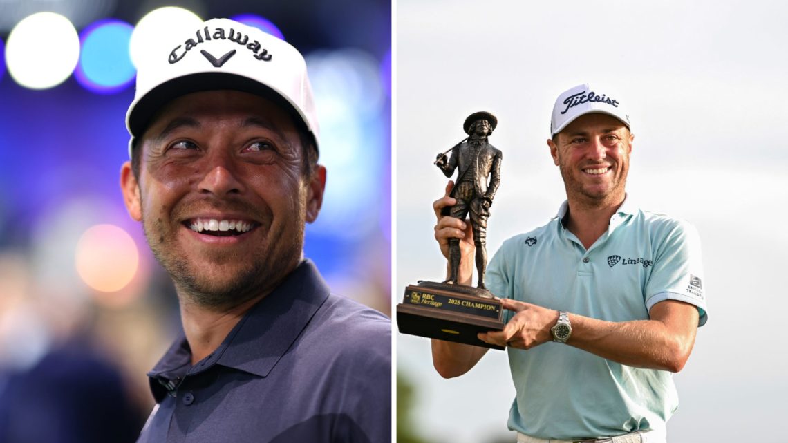 A split image of Xander Schauffele playing in the TGL in 2025 and Justin Thomas holding the RBC Heritage trophy after winning in 2025