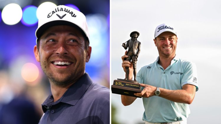 A split image of Xander Schauffele playing in the TGL in 2025 and Justin Thomas holding the RBC Heritage trophy after winning in 2025