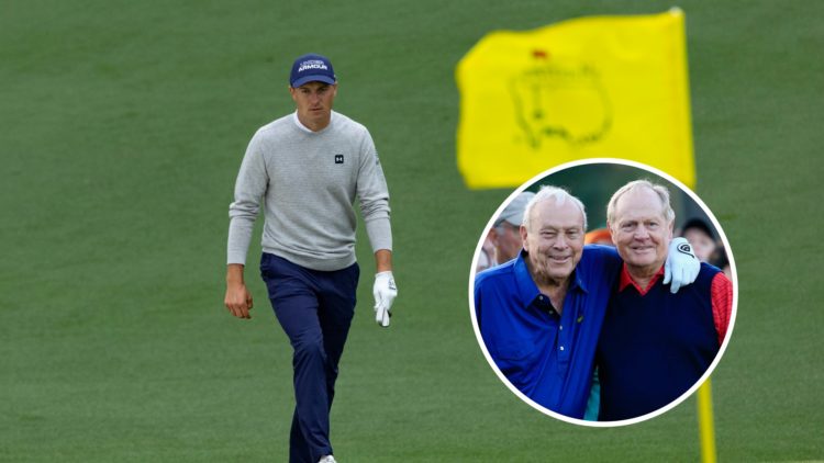Jordan Spieth plays at the 2023 Masters, inset of Arnold Palmer and Jack Nicklaus at the 2015 Masters