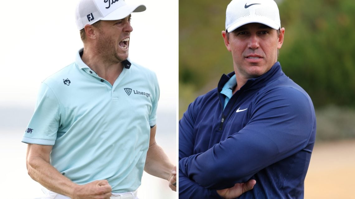 Brooks Koepka looks on during The Showdown in 2024, Justin Thomas celebrates winning the 2025 RBC Heritage